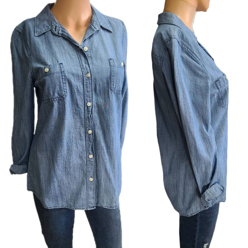 Old Navy sz Small Blue Chambray Collared Button Down Pockets western long sleeve